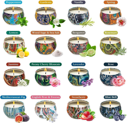 Set, 16 Pack Howemon Scented Candles Gift Natural Soy Wax Portable Travel Tin with Strongly Fragrance Essential Oils