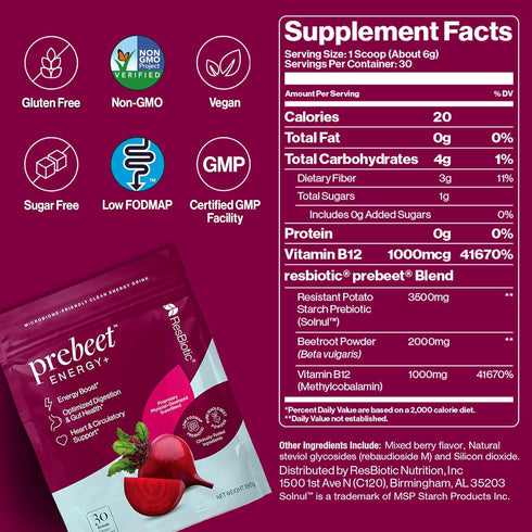 prebeet Prebiotics Drink, Akkermansia, GLP-1, Fiber Supplement for Gut Health for Women & Men, 180 g (30 Servings)