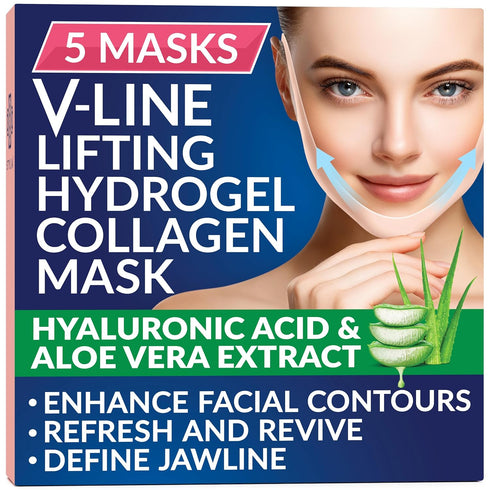 Stylia Double Chin Mask, V Line Chin Strap, Toning Hydrogel Collagen Face Mask with Hyaluronic Acid, 5PC