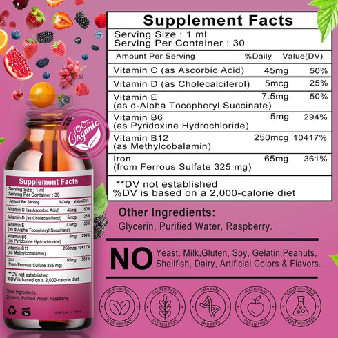 Vita letuo C,6-in-1 B12,Vitamin B6,High Immune Iron Supplement for Women with Vitamin Liquid Supplement w/Vitamin