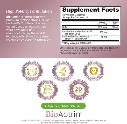 Bioactrin Vaginal Probiotics for Women - Bacterial Vaginosis Treatment, 28 Pills for Vaginitis Support