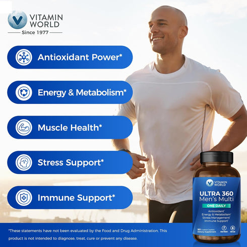 Vitamin World Ultra 360 Multivitamin for Men One Daily - 90 Caplets with Minerals, Herbs & Antioxidants