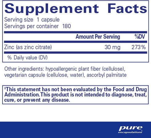 Pure Encapsulations Zinc (Citrate) - for Immune System, Tissue Development & Metabolism* - Mineral Supplement with Enzymes - Highly Absorbable Zinc - Vegan & Non-GMO - 180 Capsules