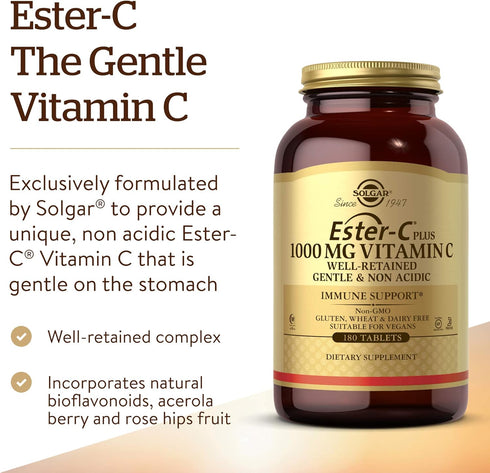 Solgar Ester-C 1000mg Vitamin C Tablets, 180 Vegan Tablets, Antioxidant Support