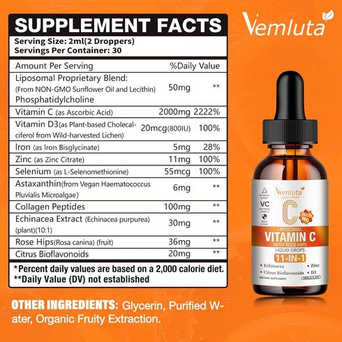 Vemluta 2 Packs 2000mg D3 Immune Antioxidant,4 Oz Liposomal Vitamin C Liquid Drop, High Absorption VC Complex Rose Hips