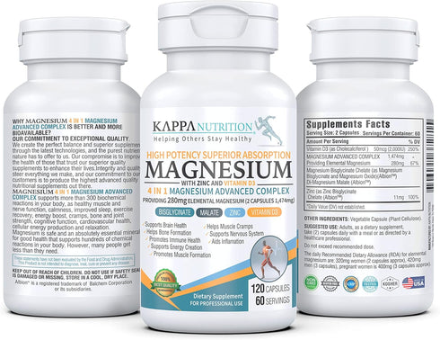 Kappa Nutrition Magnesium Glycinate, Bisglycinate, Malate, Zinc, Vitamin D3, 120 Capsules, 280mg Elemental