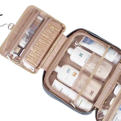 NISHEL Travel Toiletry Bag - Portable Hanging Organizer for Full-Sized Shampoo, Conditioner, Aegean-Blue