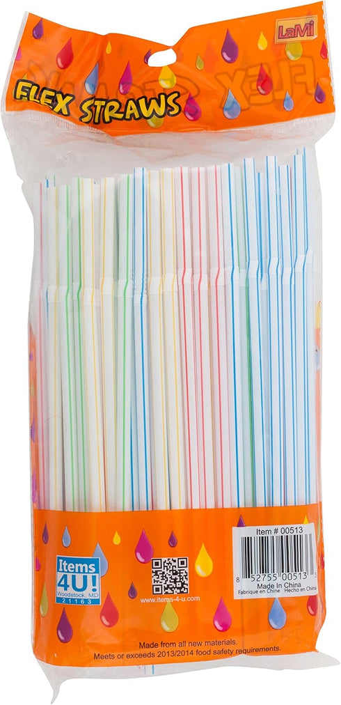 Items 4U! 125 Flex Straws in Assorted Colors with Stripe Design