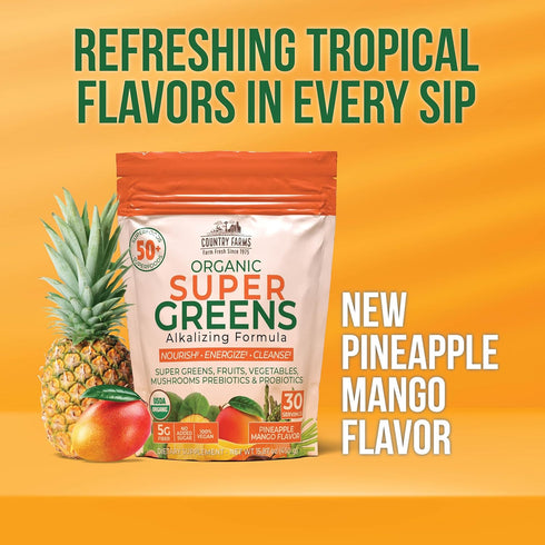 COUNTRY FARMS Super Greens Pineapple-Mango Flavor | 50 Organic Super Foods Drink Mix | Natural Energy, 30 Servings