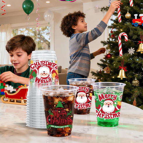 Jhfinely 50 12 oz Pcs Christmas Party Cups, Merry Christmas Clear Plastic Cups, Santa Claus Disposable Drinking Cup