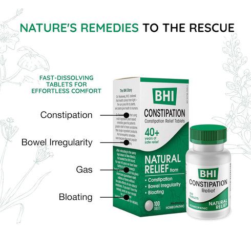 BHI Constipation Relief Natural Homeopathic Ingredients for Women & Men, 100 Tablets