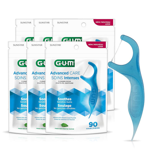 GUM Advanced Care Floss Picks - Dental Flossers for Adults with Vitamin E, Fluoride, Fresh Mint Flavor, 90 ct