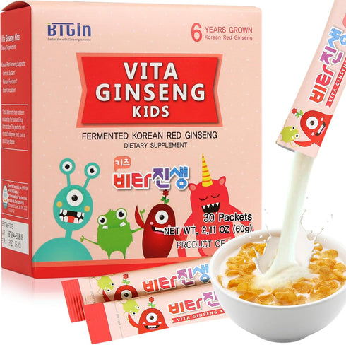 Vita Ginseng Kids Vitamin D, 7 Berries, Banana, 20 Vegetables, Milk Powder for Immune Support, Focus, 30 Packets
