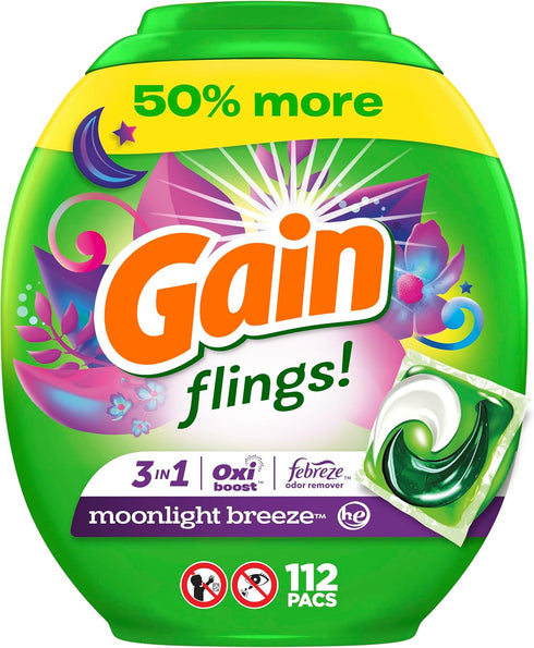 Gain flings Laundry Detergent Soap Pacs, HE Compatible, 112 ct, Long Lasting Moonlight Breeze