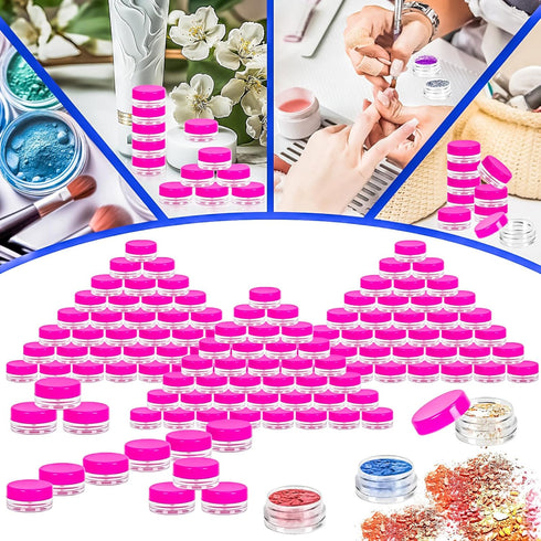 MotBach 100 Pcs 3g Empty Plastic Containers with Lids, Tiny Makeup Sample Containers, Pink Round Jars