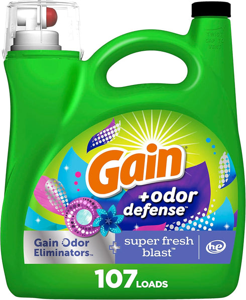 Gain + Odor Defense Liquid Laundry Detergent, Super Fresh Blast Scent, 154 fl oz, 107 Loads, HE Compatible