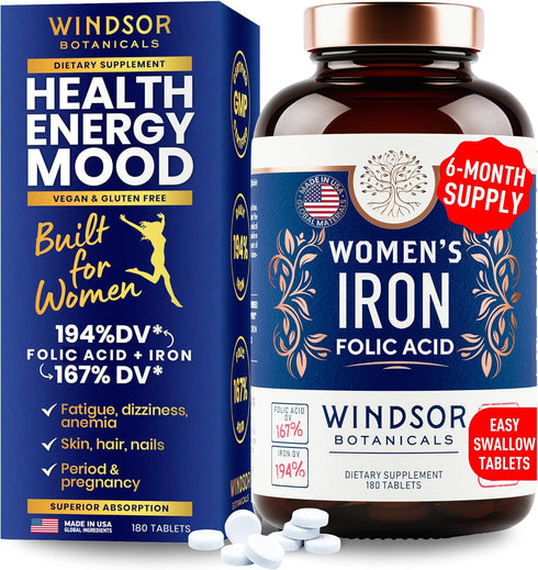 Iron Pills for Women - Iron Supplement with Folic Acid for Anemia, Period, Pregnancy Support - 180 Vegan Tablets