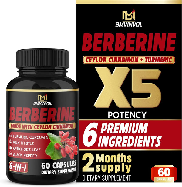Berberine Supplement with Ceylon Cinnamon, Turmeric, Artichoke, Milk Thistle - Berberine HCl Supplement Pills - 60