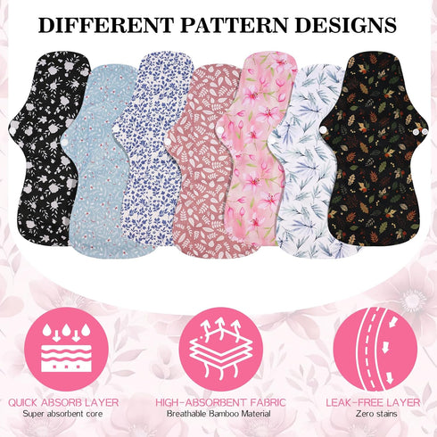 PHOGARY 7 Pack Set 1 33cm Reusable Menstrual Pads Large Sanitary Pads for Heavy Flow with Wet Bag, Washable Overnight