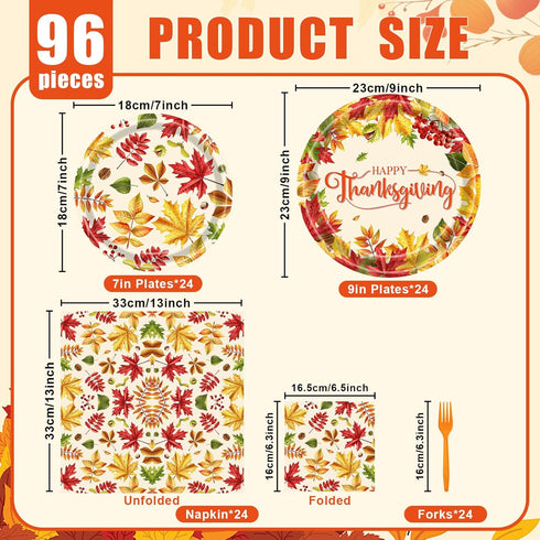 Temicle 96 Set 24 Pieces Fall Leaves Thanksgiving Tableware Autumn-Themed Disposable Party Supplies with Paper Plates