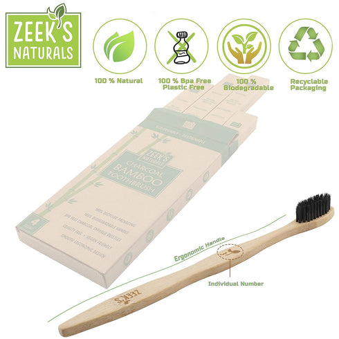 Zeek's Naturals LLC Pack 4 Biodegradable Eco-Friendly Natural Bamboo Charcoal Toothbrushes - of - Numbered - Charcoal