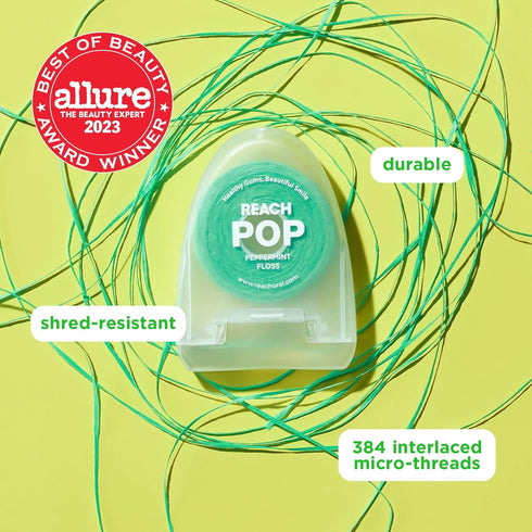 REACH POP Dental Floss, 3 Pack, Peppermint, Vegan Wax, Plaque Remover, Eco-Friendly Packaging for Adults & Kids
