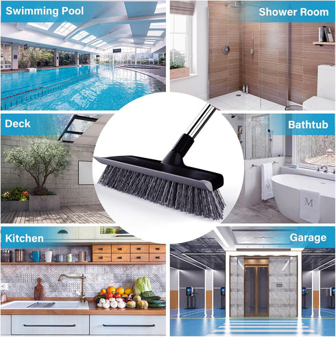 ITTAR 10" Wide Multi-Purpose Scrub Brush with Long Handle, Heavy-Duty Shower Scrubber for Deck, Patio, Kitchen, Black
