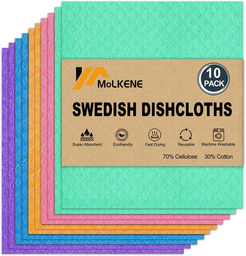 Swedish Dish Cloths - 10 Pack Reusable Kitchen Dishcloths, Ultra Absorbent for Washing Dishes