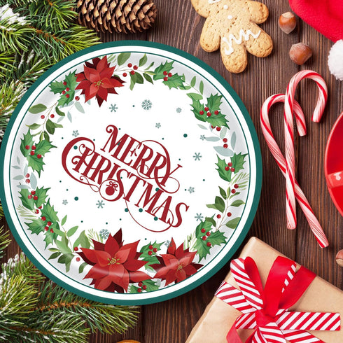 SHEPAILAI 25 25Pcs) Christmas Paper Plates Disposable Plates Holly leaf Dinner Tableware Kit Serve Guests Xmas Dessert
