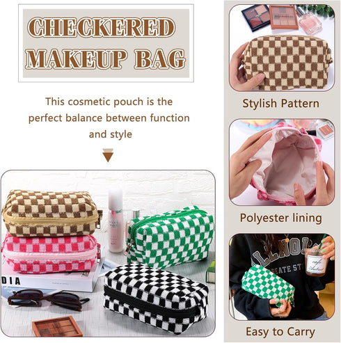 4Pcs Checkered Makeup Bag for Women, Knitted Small Cosmetic Pouch, Cute Aesthetic Travel Toiletry Organizer