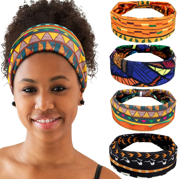 WILLBOND 4 Pieces African Headbands, Knotted Wide Non-Slip Yoga Stretchy Turban Hair Scarfs for Women