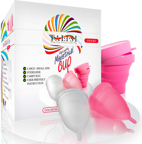 Talisi Menstrual Cups Set of 2, Soft Reusable Period Kit with Collapsible Cleaner Silicone Sterilizer (Small & Large)