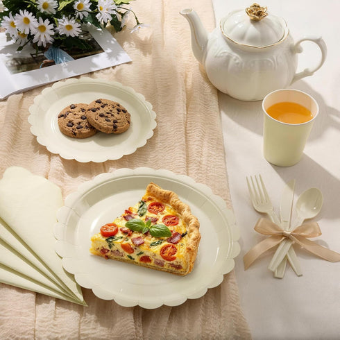 Set 350PCS (50 7"&9" 9oz Goodluck Ivory Scalloped Disposable Tableware - Guests), Plates, Cups, Napkins, Cutlery, Food