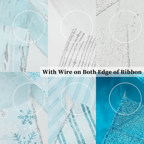 HUIHUANG Blue Ribbon for Christmas Tree, 2-1/2" x 6 Rolls, Blue and Silver Wired for Home Decor