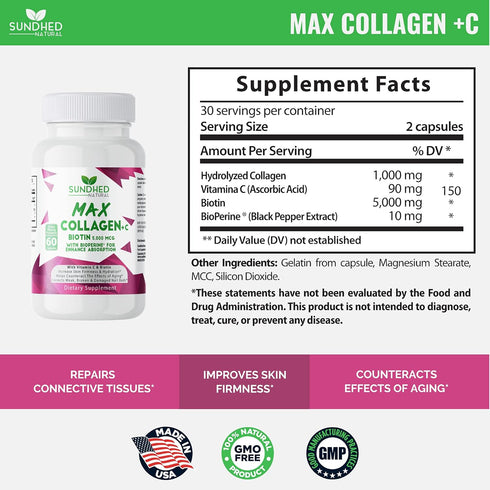 Max Collagen Plus C - 60 Caps, All Natural Collagen Capsules with Biotin & Bioperine for Anti-Aging