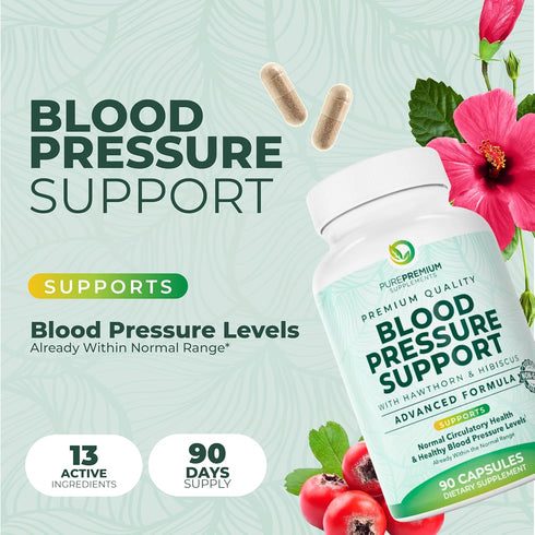 PurePremium Blood Pressure Supplements - Nitric Oxide Support with Hawthorn Berry, Hibiscus, Garlic & Vitamin B12 - 90ct