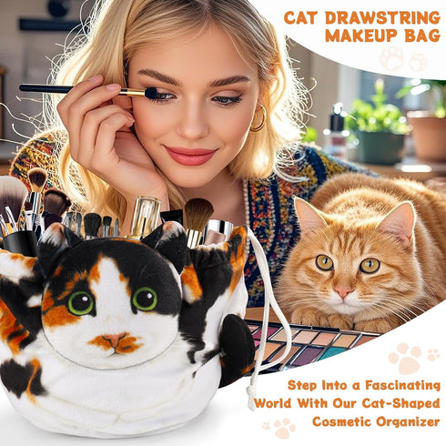 Openhaha Drawstring Travel Organizer - Cat Gift Cosmetic Pouch, Lay Flat Makeup Bag for Cat Lovers