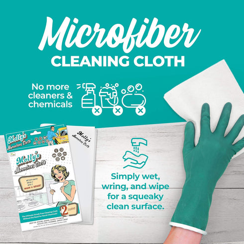 Molly's Marvelous Cloth, Streak-Free Microfiber Cleaning Cloth for Glass, Stainless Steel, Kitchen, Bath, Cars, 2pk
