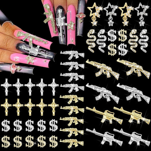 RODAKY 50PCS 3D Cross Gun Nail Charms, Gold Dollar Sign Nail Art Jewelry, Multi Style Nail Gems for Manicure