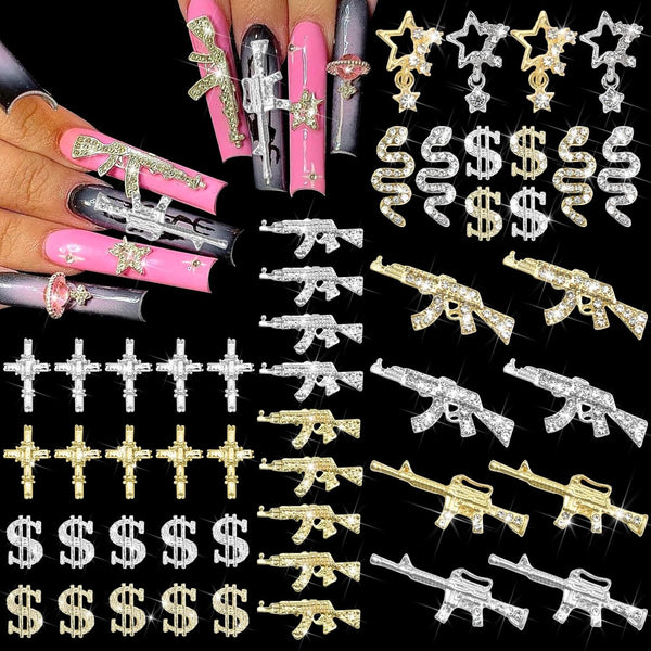 RODAKY 50PCS 3D Cross Gun Nail Charms, Gold Dollar Sign Nail Art Jewelry, Multi Style Nail Gems for Manicure