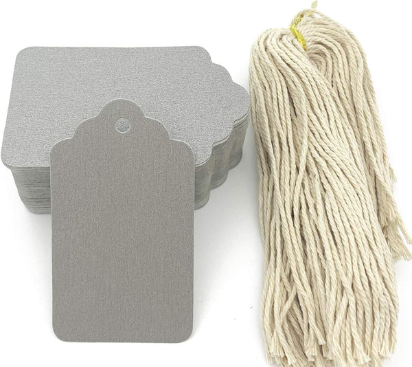 Gift Tags, 100pcs Silver Paper Tags with String for Crafting