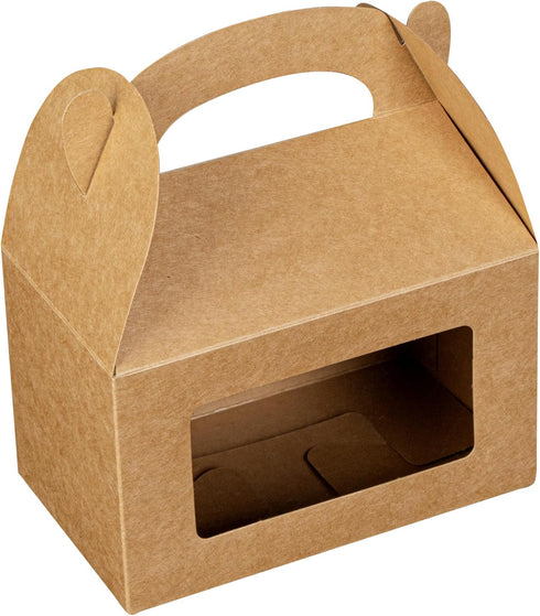 Bio Tek 6 x 3.5 x 3.5 Inch Gable Boxes For Party Favors, 25 Attractive Gift Boxes - Clear PET Window, Built-In Handle, Kraft Paper Gable Boxes, Greaseproof, For Parties