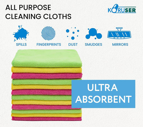 KORUSER (12 Pack/High Grammage) Microfiber Cleaning Cloths - Reusable and Washable - Multi Purpose Indoor/Outdoor