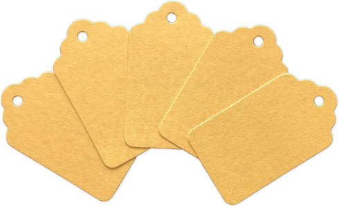 LWR CRAFTS 100 Hang Tags with Jute Twines, Scalloped Top Rectangle, 2 3/4" x 1 9/16", Golden