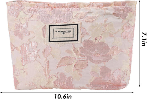 Flower Makeup Bag, Large Floral Travel Cosmetic Pouch for Women, Zipper Organizer Bag (Embossed Pink Aesthetic)