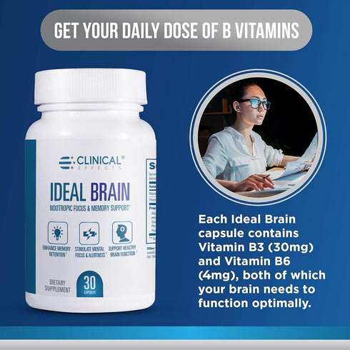 Clinical Effects Ideal Brain Dietary Supplement for Nootropic Focus and Memory Support, 30 Capsules