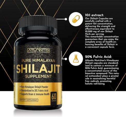 Shilajit Supplement - 60 Capsules Pure Himalayan Authentic Shilaijt Resin with 20% Fulvic Acid for Energy Support