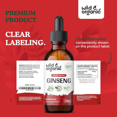 Ginseng Tincture - 2 fl oz Korean Red Panax Ginseng Extract Liquid for Immune Support - Vegan Alcohol-Free Supplement