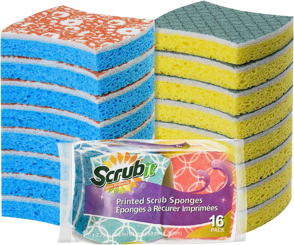 SCRUBIT Non-Scratch Cellulose Scrub Sponge, 16-Pack, Soft Grip Kitchen Sponges for Pots, Pans, and More
