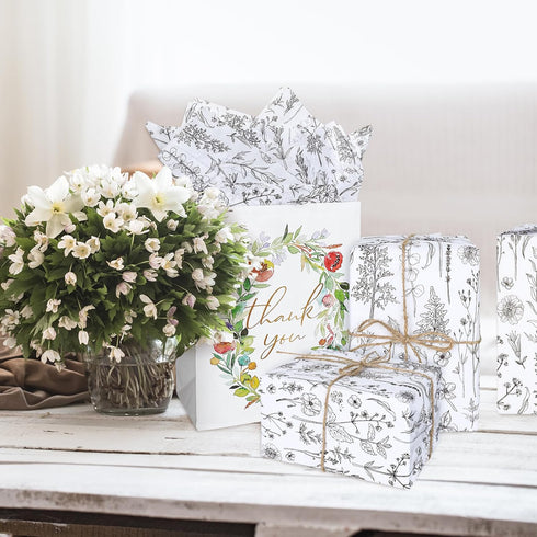 AnyDesign 100 Sheet Vintage Wildflower Tissue Paper, Black and White Floral Gift Wrapping, 13.8 x 19.7 Inch